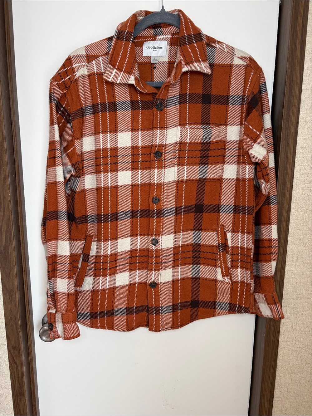 Goodfellow & Co Mens Orange Plaid Flannel Shacket Shirt Small Lumberjack Outdoor